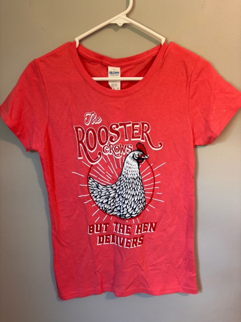 Gildan “The Rooster Crows, But The Hen Delivers” Graphic Tee